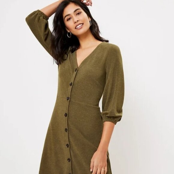 LOFT Dresses & Skirts - LOFT Olive Green Ribbed V-Neck Fit-and-Flare Dress